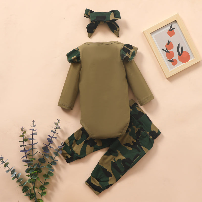 New Infants Children letter printing khaki camouflage trousers headdress Three-piece set. - PrettyKid