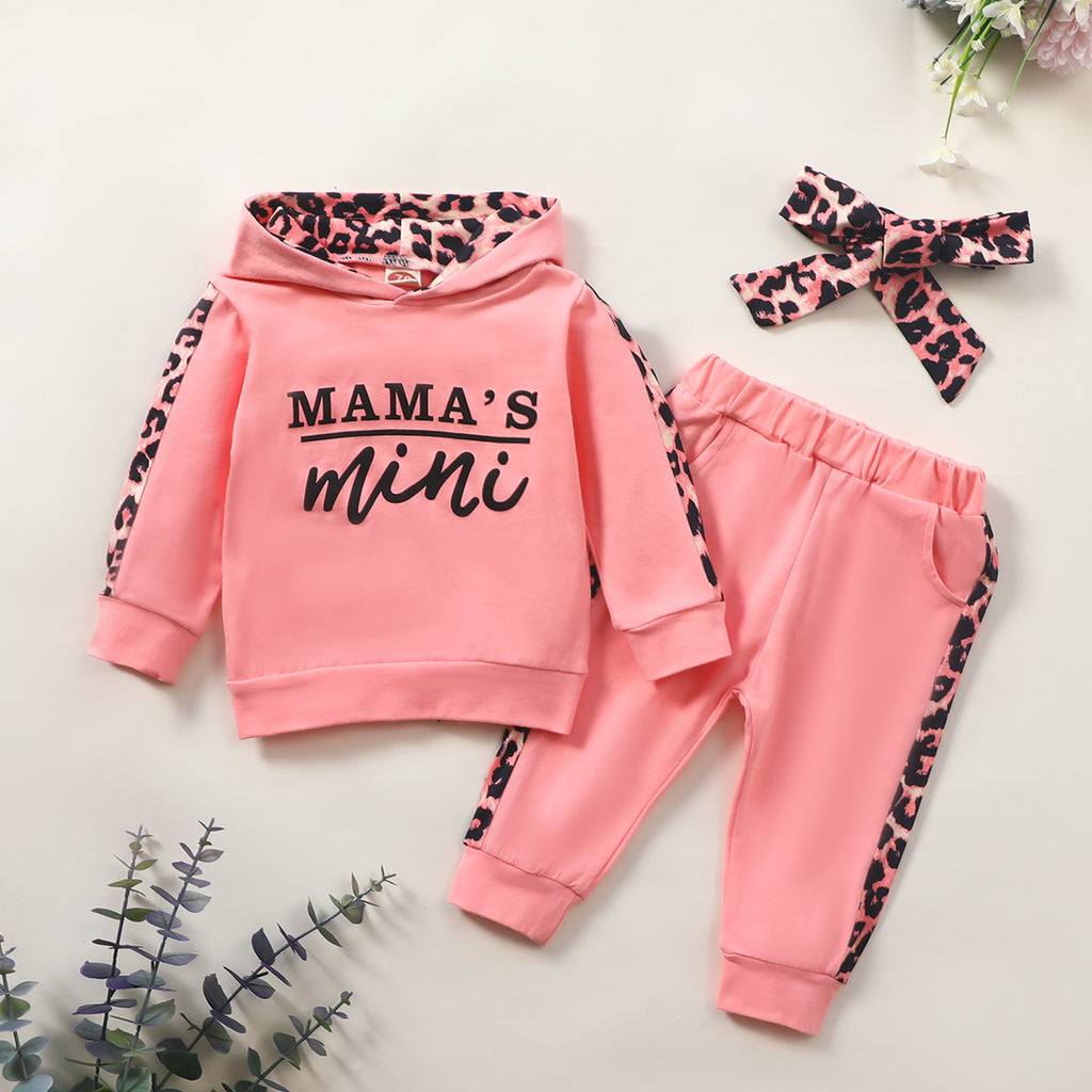 Toddler Girls Solid Color Leopard Stitching Mini Letter Print Hooded Sweatshirt Sports Suit - PrettyKid