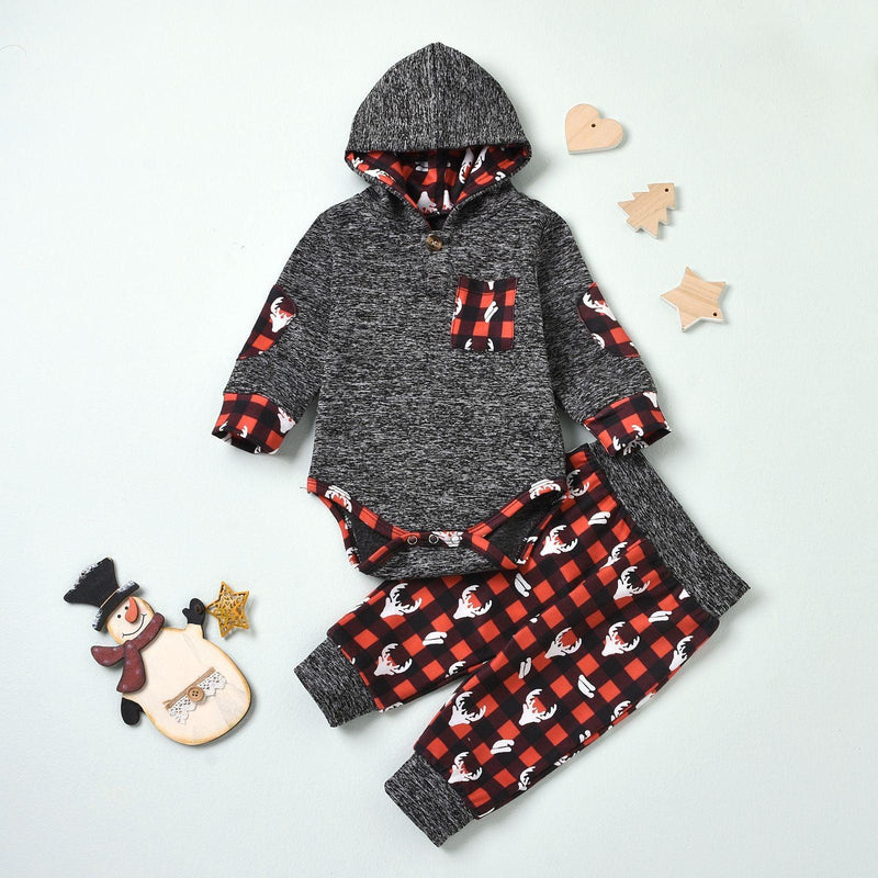 Baby Boys Grey Snowflake Fabric Hoodie Jumpsuit Printed Pants Christmas Suit - PrettyKid