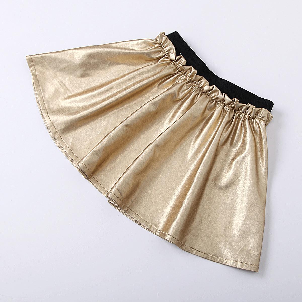 Girls' Color Blocking Elastic Top Pleated PU Leather Skirt - PrettyKid