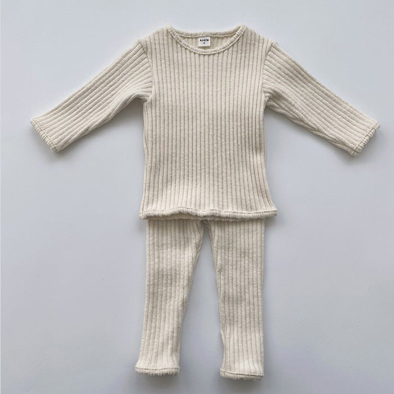 Toddler Solid Color Round Neck Long Sleeved Shirt Trousers Knitted Suit - PrettyKid