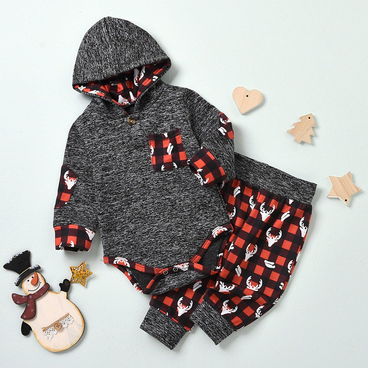 Baby Boys Grey Snowflake Fabric Hoodie Jumpsuit Printed Pants Christmas Suit - PrettyKid