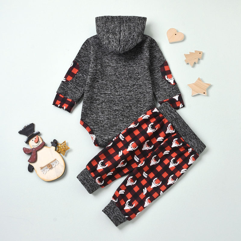 Baby Boys Grey Snowflake Fabric Hoodie Jumpsuit Printed Pants Christmas Suit - PrettyKid