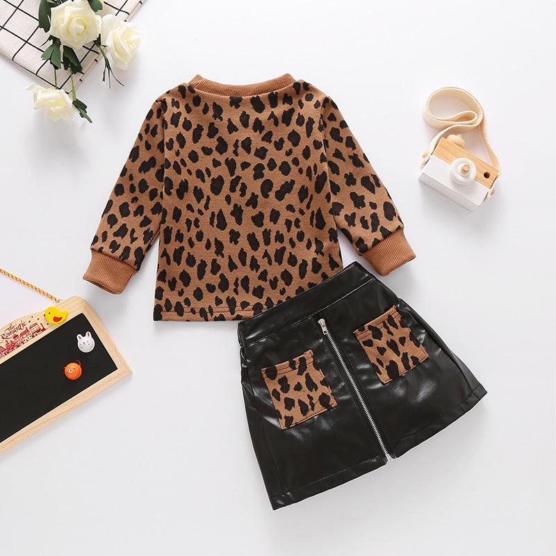 Toddler Kids Girls Pullover Brown Leopard Print Yarn Dyed Top Leather Zipper Skirt Two Piece Set - PrettyKid