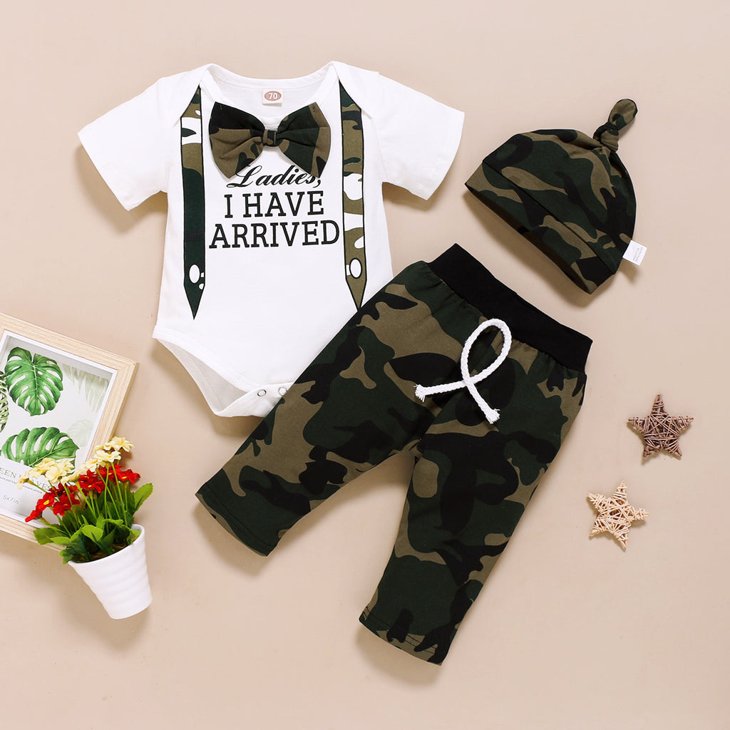 Baby Boys Bow Tie Short Sleeve Jumpsuit Camouflage Trousers Hat Set - PrettyKid