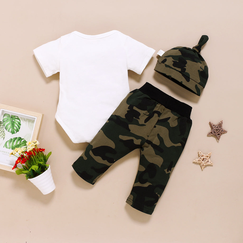 Baby Boys Bow Tie Short Sleeve Jumpsuit Camouflage Trousers Hat Set - PrettyKid