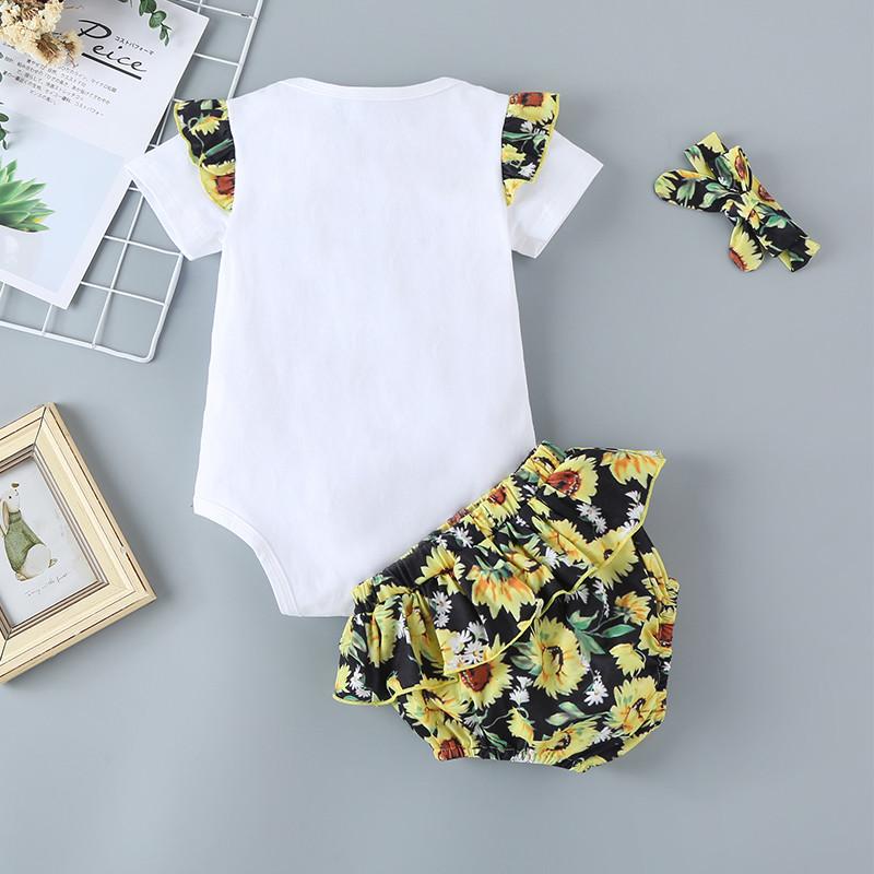 3-piece Floral Printed Bodysuit & Shorts & Headband for Baby Girl Wholesale children's clothing - PrettyKid