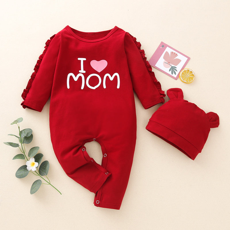 Baby Boys Girls Solid I Love Mom Letter Printed Long Sleeve Jumpsuit Hat Set - PrettyKid