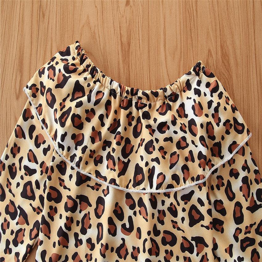 Toddler Kids Girls Pierced Jeans Leopard Long Sleeve Top Two Piece Set Bulk Childrens Clothing - PrettyKid