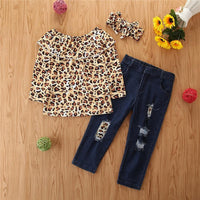 Toddler Kids Girls Pierced Jeans Leopard Long Sleeve Top Two Piece Set Bulk Childrens Clothing - PrettyKid