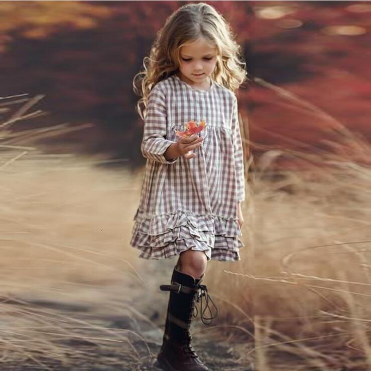 Kids Girls Long Sleeves Plaid Dress Wholesale Girls Dresses - PrettyKid