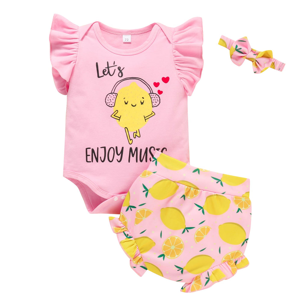 Baby Girl Monogram Print Bodysuit And Lemon Shorts With Headband Baby Outfit Sets - PrettyKid