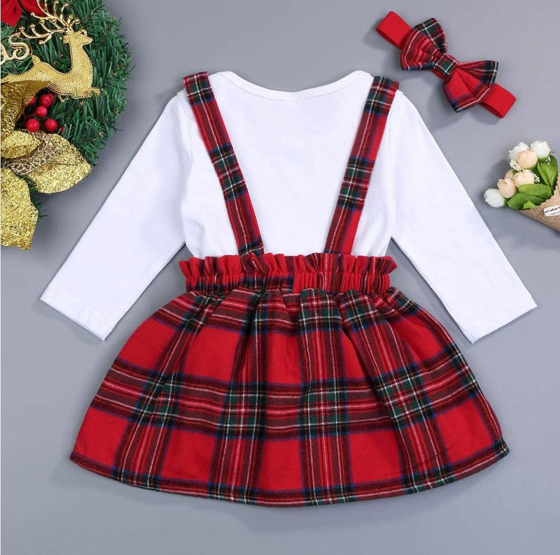 Baby Girls Solid Print Long Sleeve Top Christmas Plaid Strap Skirt Set - PrettyKid