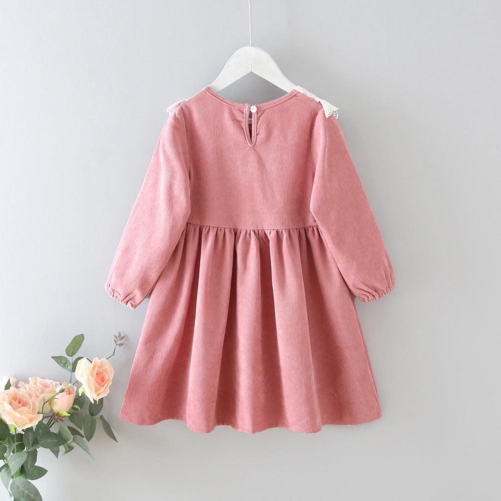 Toddler Kids Corduroy Round Neck Lace Dress - PrettyKid