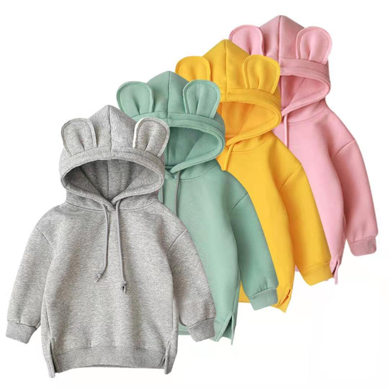 Toddler Kids Girls Boys Solid Color Cute Cartoon Bear Ears Plus Velvet Hooded Sweatshirt - PrettyKid