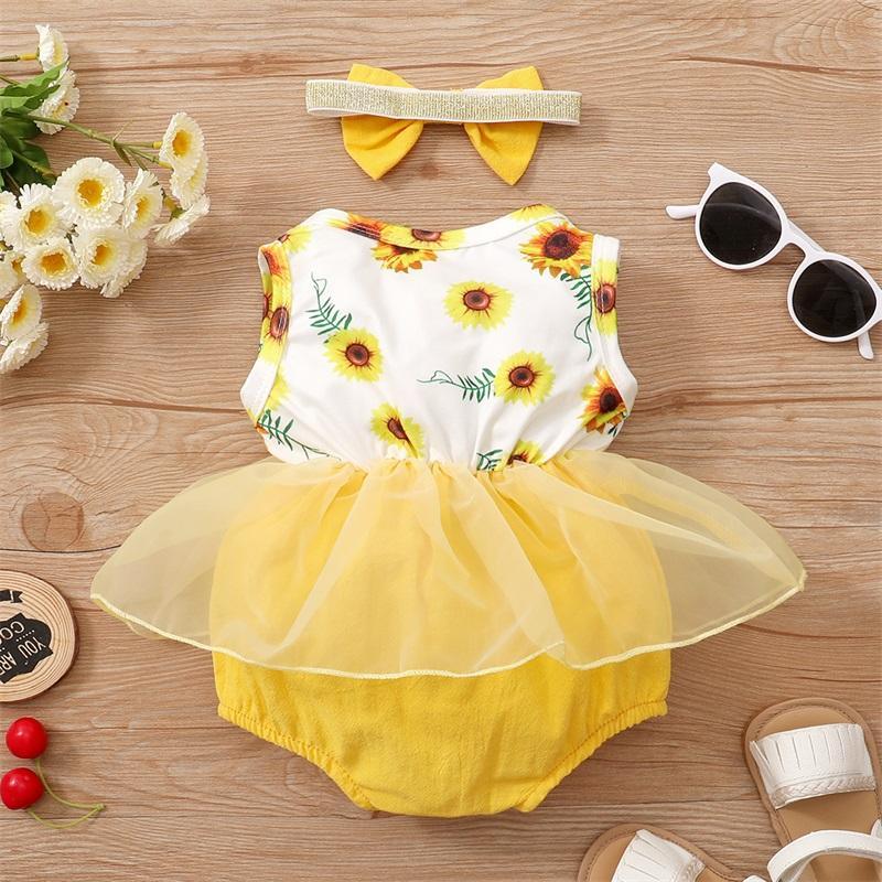 Baby Girl Sunflower Print Sleeveless Mesh Hem Bodysuit & Headwear - PrettyKid