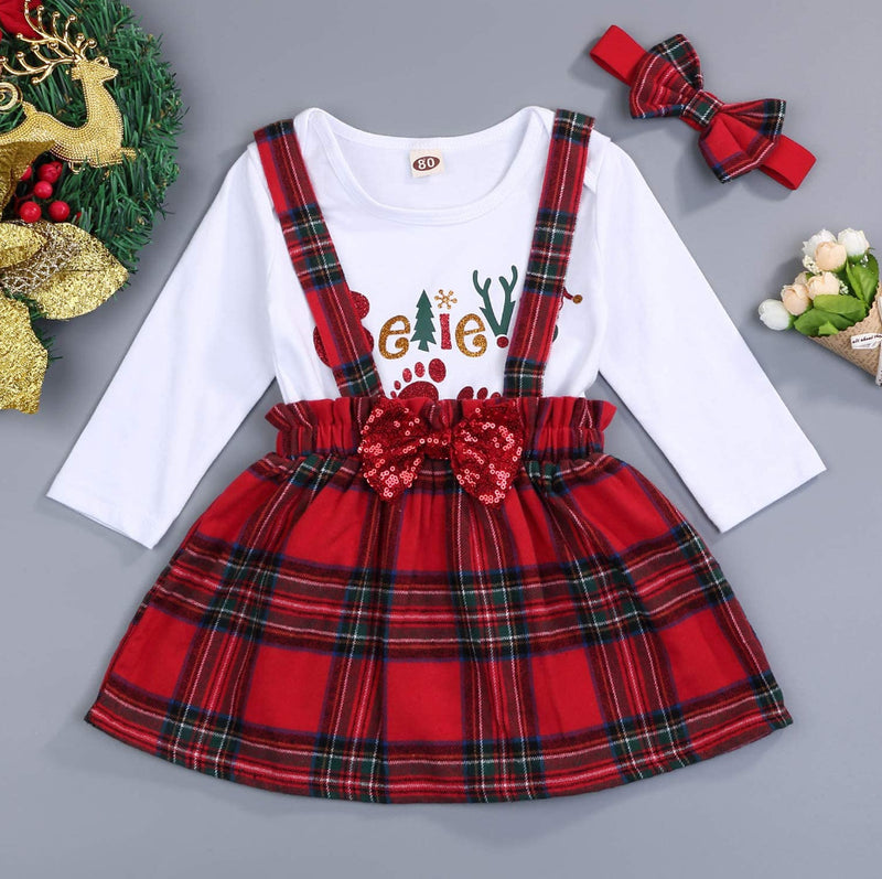 Baby Girls Solid Print Long Sleeve Top Christmas Plaid Strap Skirt Set - PrettyKid