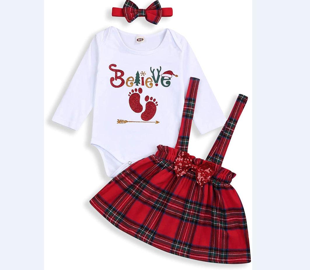 Baby Girls Solid Print Long Sleeve Top Christmas Plaid Strap Skirt Set - PrettyKid