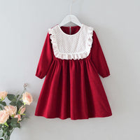 Toddler Kids Corduroy Round Neck Lace Dress - PrettyKid