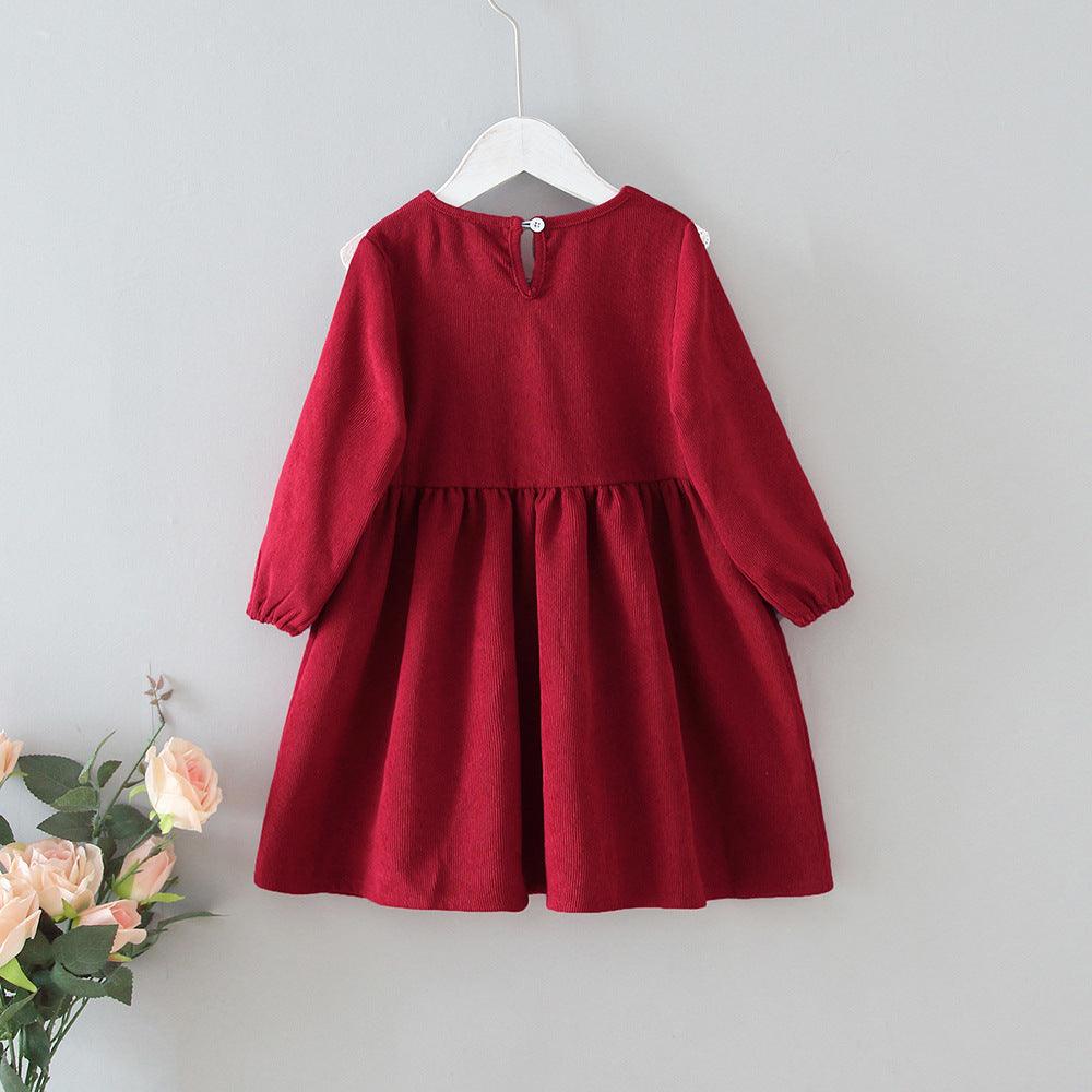 Toddler Kids Corduroy Round Neck Lace Dress - PrettyKid