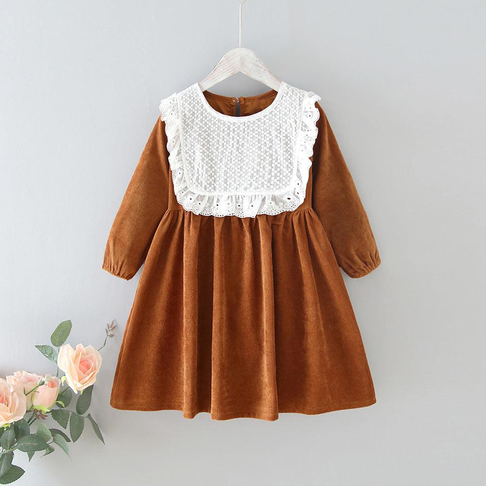 Toddler Kids Corduroy Round Neck Lace Dress - PrettyKid