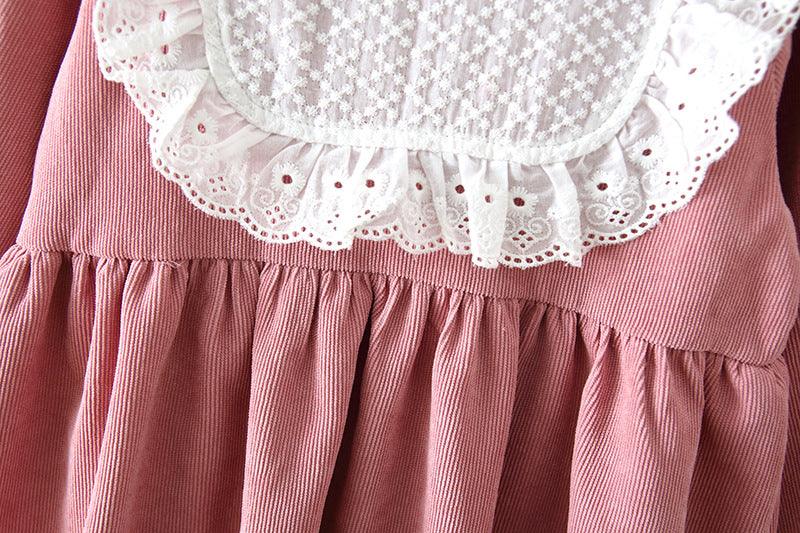 Toddler Kids Corduroy Round Neck Lace Dress - PrettyKid