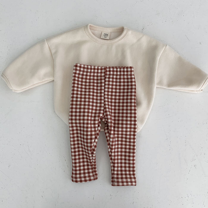 Toddler Boys Girls Solid Color Cotton Padded Sweater Plaid Pants - PrettyKid