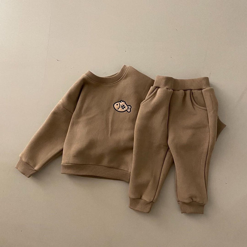 Children's Clothing Autumn and Winter Infants and Children Thickened Sweatshirt Set Small Fish Plus Velvet Suit Top Pants - PrettyKid