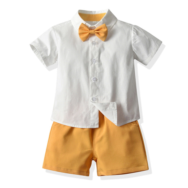 Boys Short Sleeve Shirt Bow Tie Plain Suspender Shorts Wholesale Toddler Boy Sets - PrettyKid