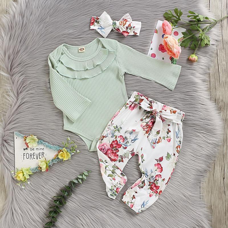 3-piece Solid Bodysuit & Floral Printed Pants & Headband for Baby Girl - PrettyKid