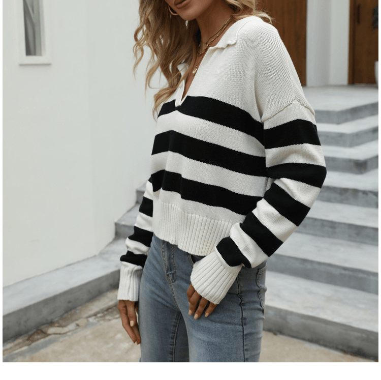 Women Stripes V-neckline Sweater - PrettyKid