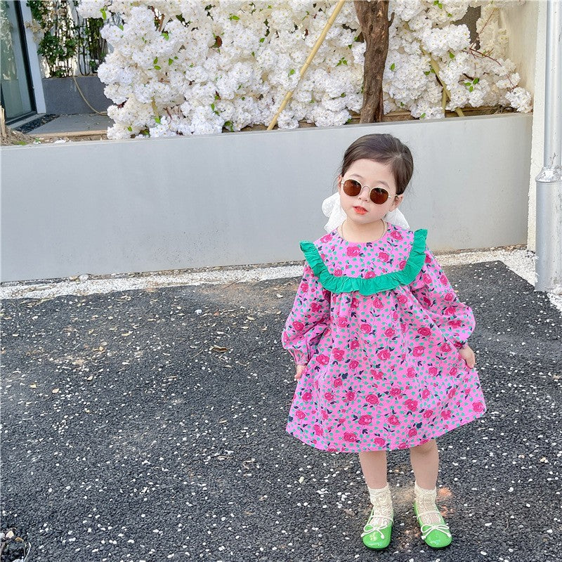 Baby Kid Girls Color-blocking Flower Print Dresses