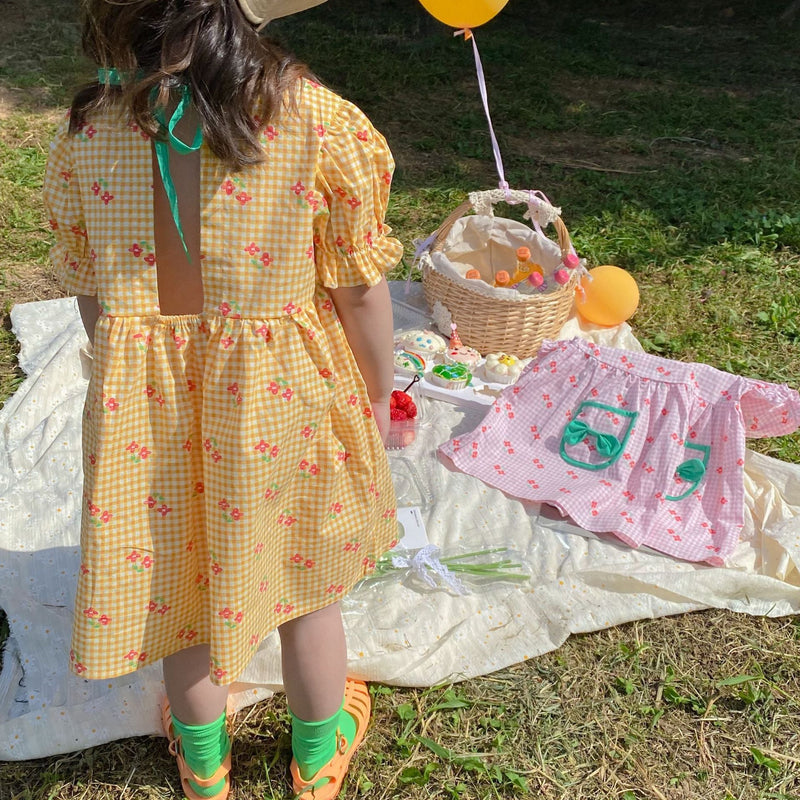 Baby Kid Girls Flower Checked Print Dresses
