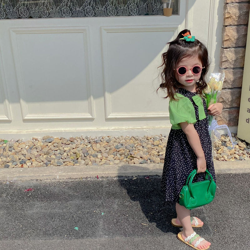 Baby Kid Girls Color-blocking Polka dots Bow Print Dresses