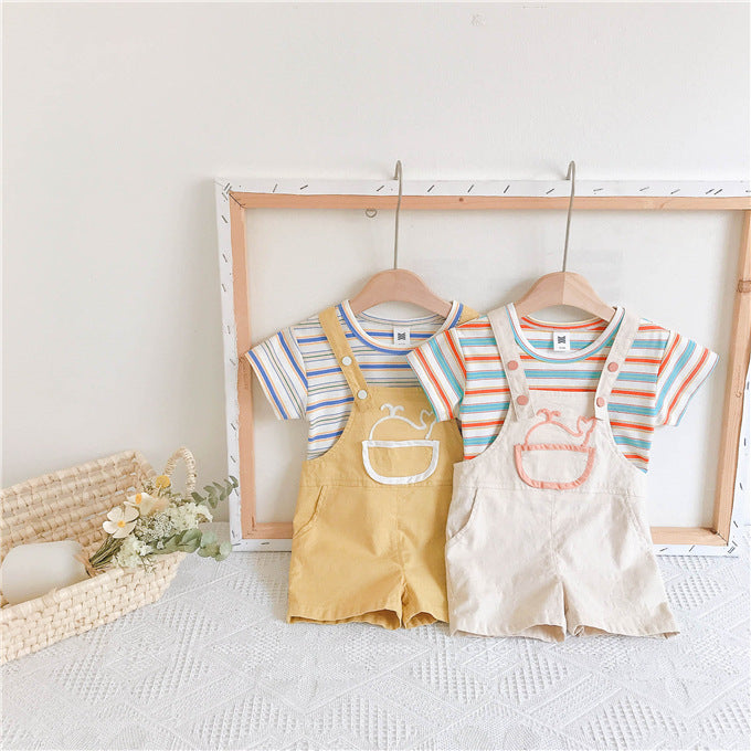 2 Pieces Set Baby Kid Unisex Striped T-Shirts And Cartoon Rompers
