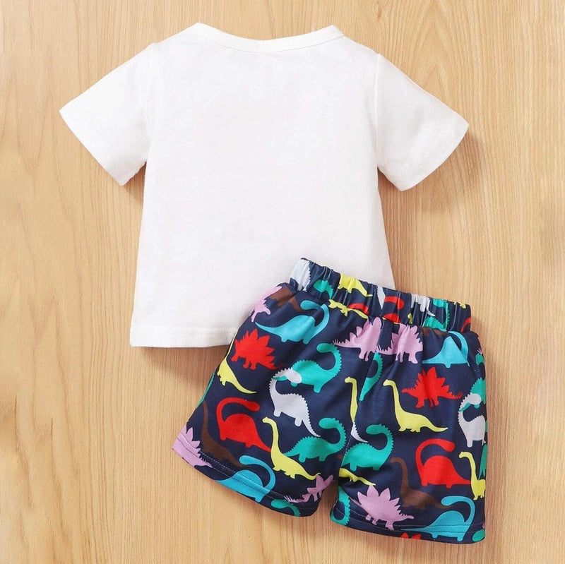 2 Pieces Set Baby Boys Cartoon Print T-Shirts And Dinosaur Shorts