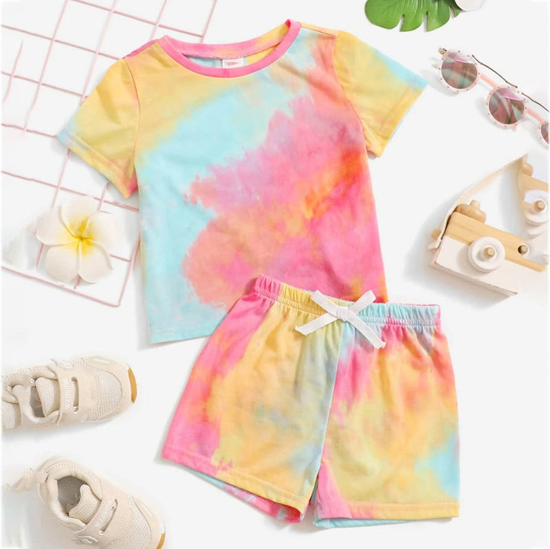 2 Pieces Set Baby Girls Tie Dye T-Shirts And Shorts