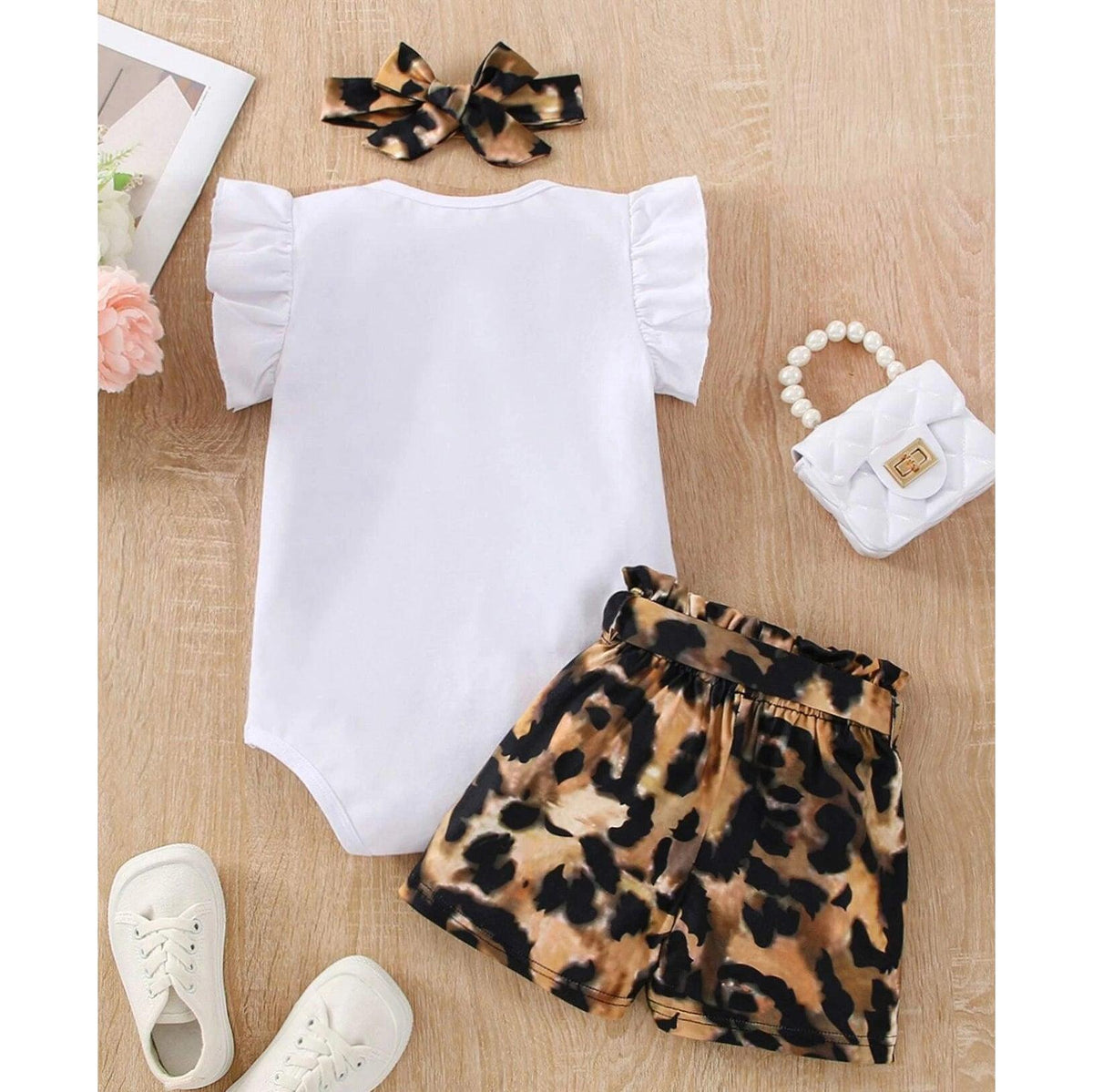 3 Pieces Set Baby Girls Letters Rompers Leopard Shorts And Bow Headwear