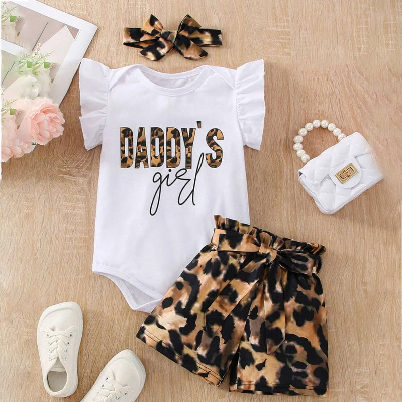 3 Pieces Set Baby Girls Letters Rompers Leopard Shorts And Bow Headwear
