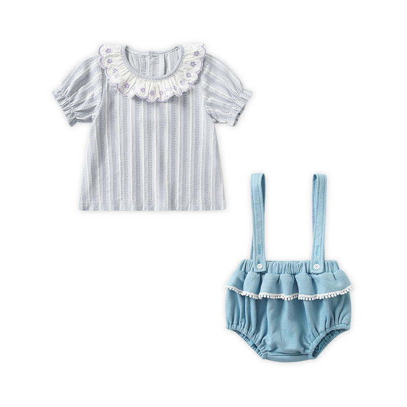 2 Pieces Set Baby Girls Striped Embroidered Tops And Solid Color Rompers