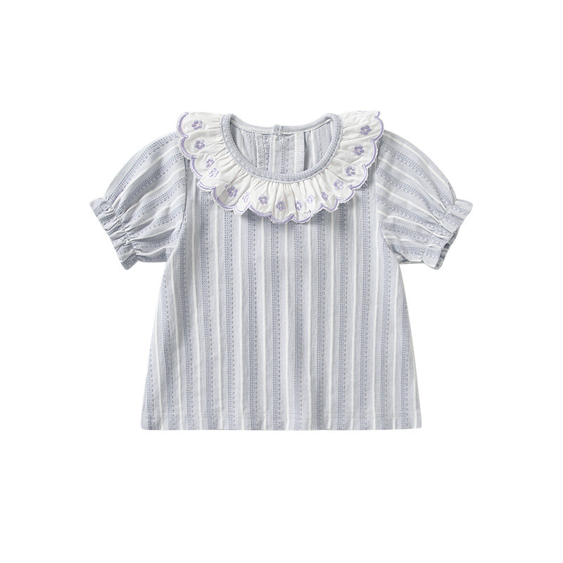 2 Pieces Set Baby Girls Striped Embroidered Tops And Solid Color Rompers