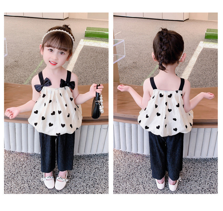 2 Pieces Set Baby Kid Girls Color-blocking Love heart Print Tank Tops And Solid Color Pants