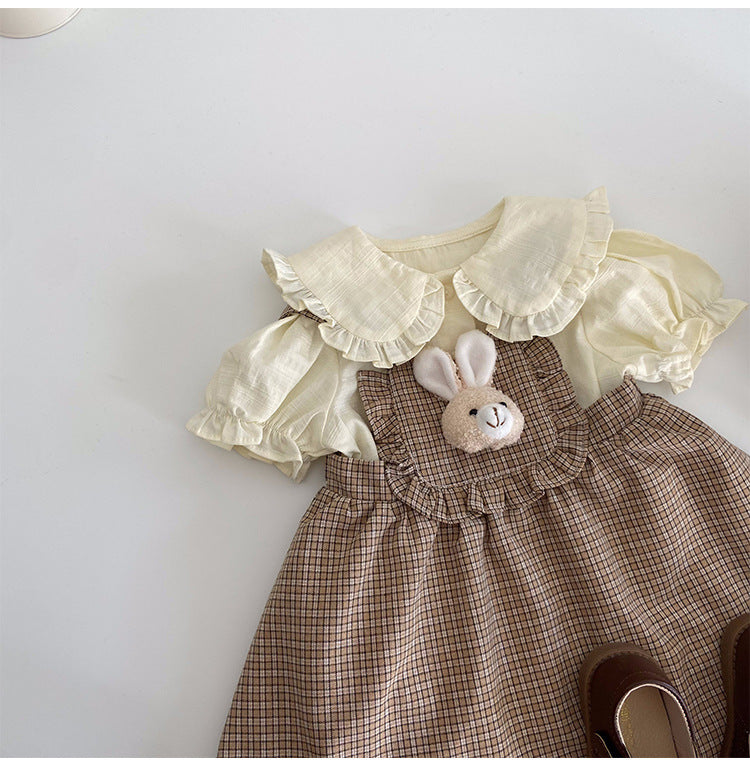 2 Pieces Set Baby Kid Girls Solid Color Tops And Checked Dresses