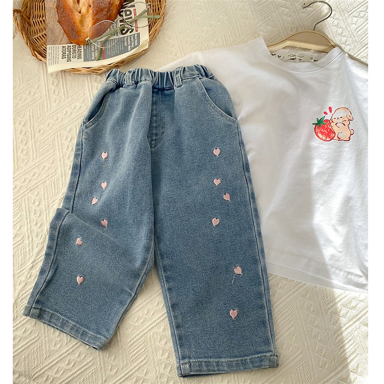 Baby Kid Big Kid Girls Love heart Embroidered Jeans