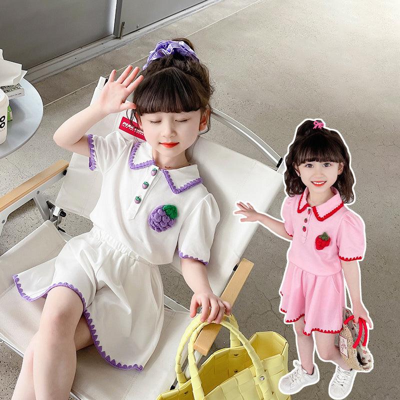 2 Pieces Set Baby Kid Girls Fruit Embroidered Polo Shirts And Solid Color Shorts