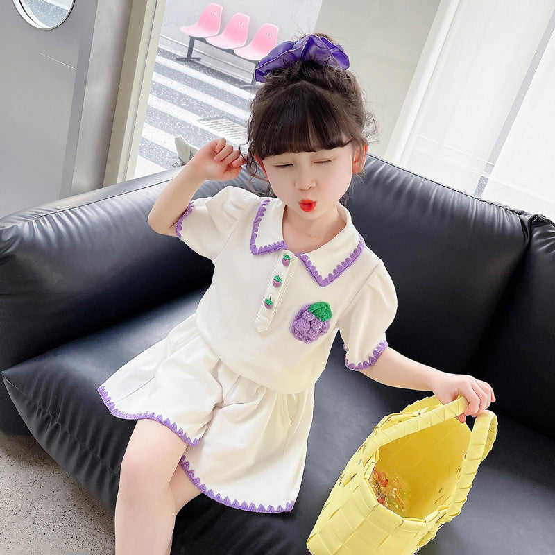2 Pieces Set Baby Kid Girls Fruit Embroidered Polo Shirts And Solid Color Shorts