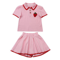 2 Pieces Set Baby Kid Girls Fruit Embroidered Polo Shirts And Solid Color Shorts