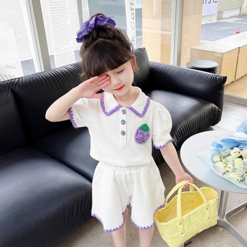 2 Pieces Set Baby Kid Girls Fruit Embroidered Polo Shirts And Solid Color Shorts