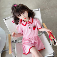 2 Pieces Set Baby Kid Girls Fruit Embroidered Polo Shirts And Solid Color Shorts