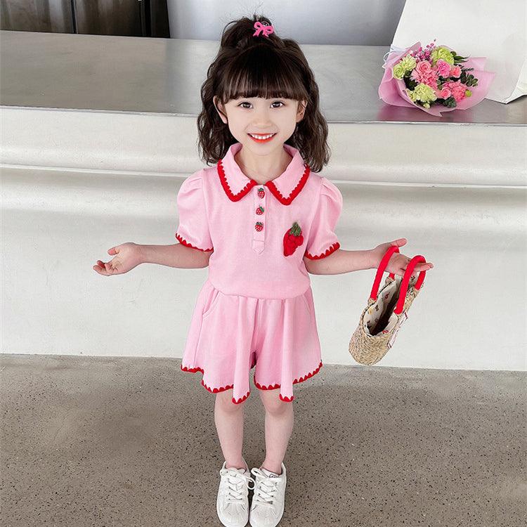 2 Pieces Set Baby Kid Girls Fruit Embroidered Polo Shirts And Solid Color Shorts